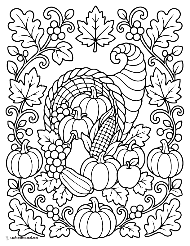 Detailed Thanksgiving cornucopia coloring page surrounded by symmetrical fall leaves, berries, pumpkins, and curling vines.