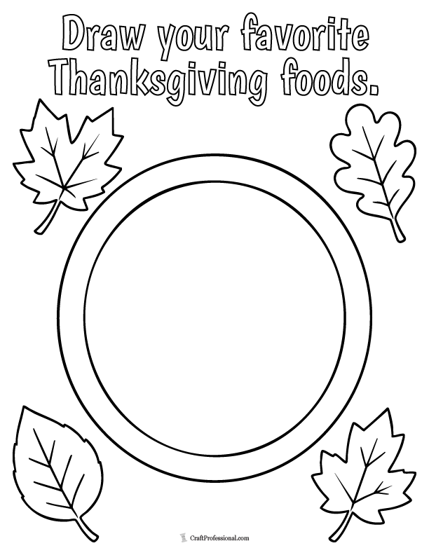 Blank dinner plate surrounded by fall leaves with a prompt to draw your favorite Thanksgiving foods.