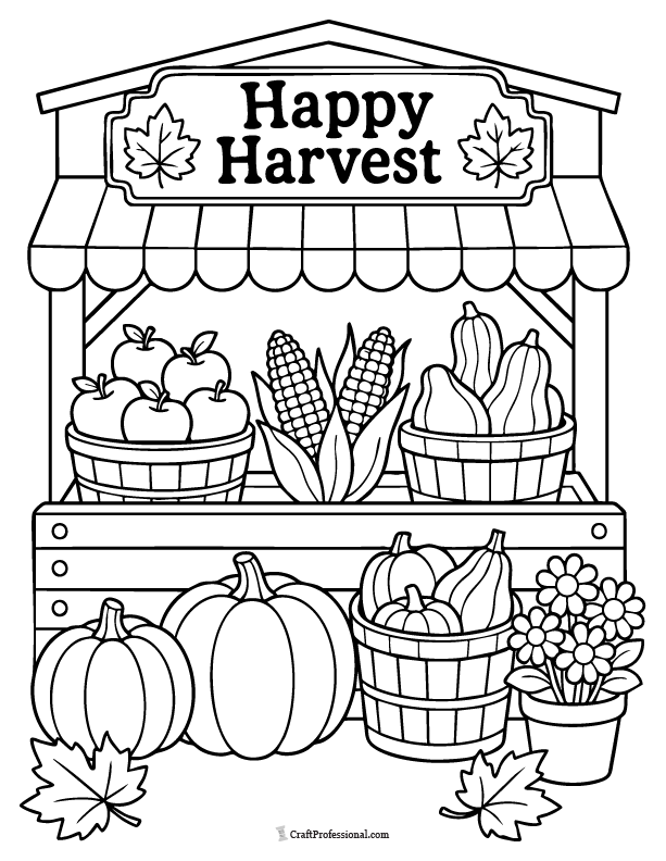 Thanksgiving harvest market stand coloring page with a festive fall theme.