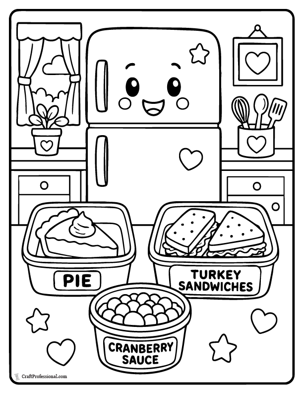 Fun Thanksgiving leftovers coloring page with containers of pie, turkey sandwiches, cranberry sauce, and a smiling refrigerator.