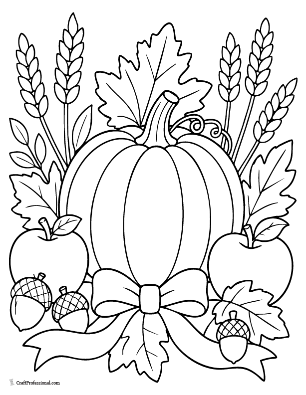 Thanksgiving pumpkin coloring page with fall leaves, acorns, and wheat.