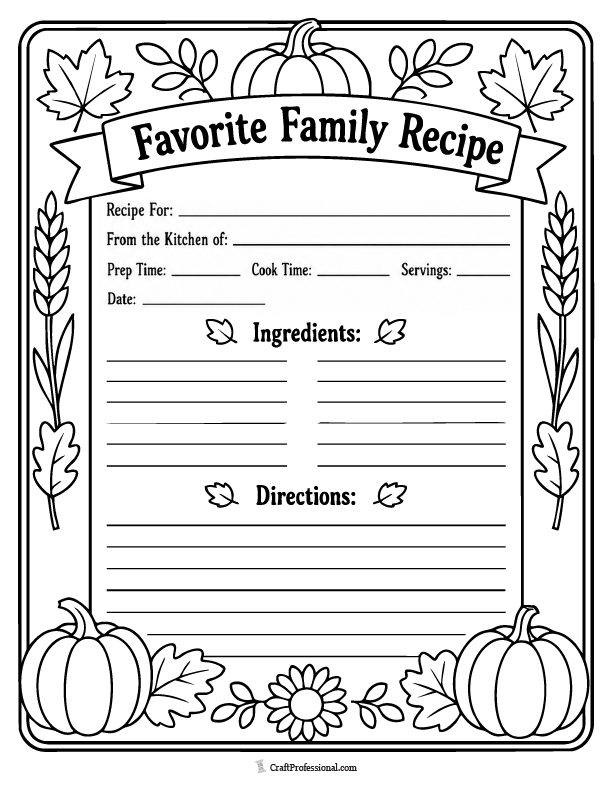Printable Thanksgiving recipe card to color and use for recording a favorite holiday recipe.