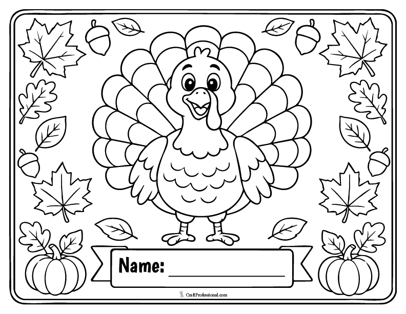Thanksgiving turkey placemat coloring page with a turkey in the center.