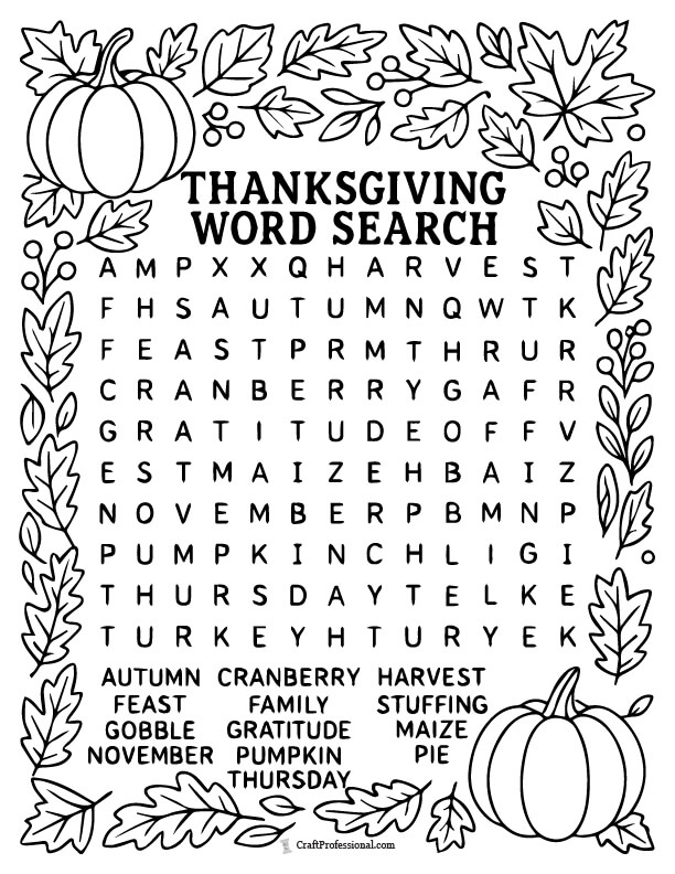 Thanksgiving themed word search with fall images to color