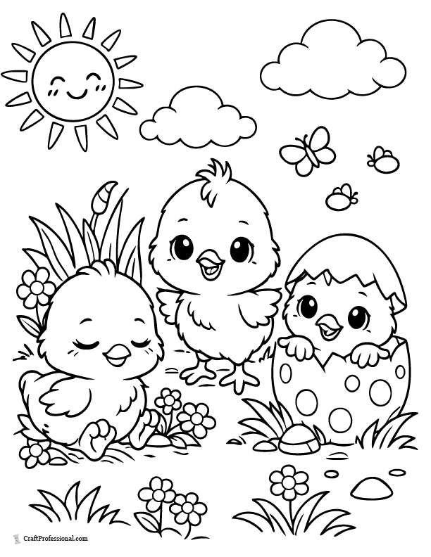 Three cute baby chicks Easter coloring page for kids.