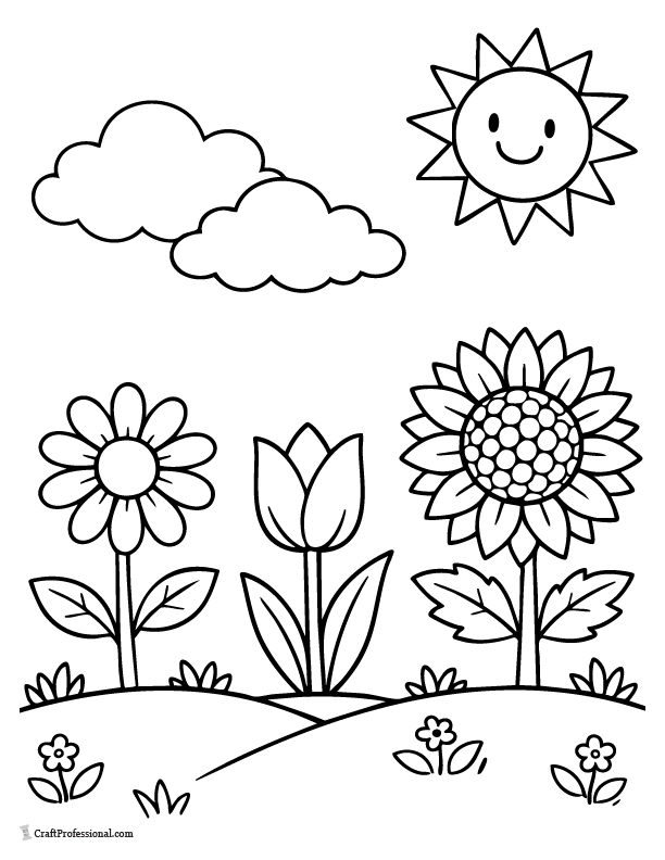 Flower coloring page with daisy, tulip, and sunflower in a simple garden scene.