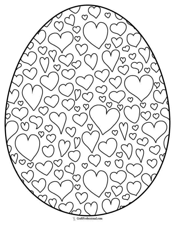 Easter egg with a dense pattern of small hearts, coloring page.