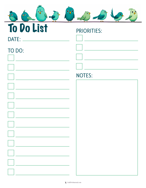 To do list printable planners with checklists and space for notes, birds design