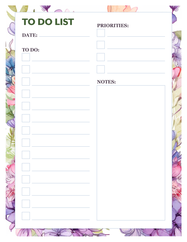 To do list printable planners with checklists and space for notes, purple floral design