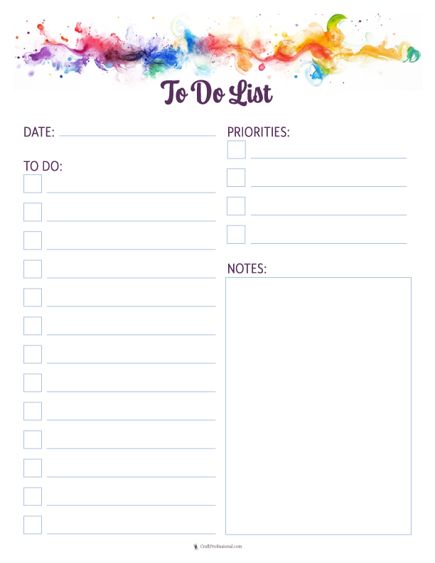 To do list printable planners with checklists and space for notes, rainbow colored watercolor design