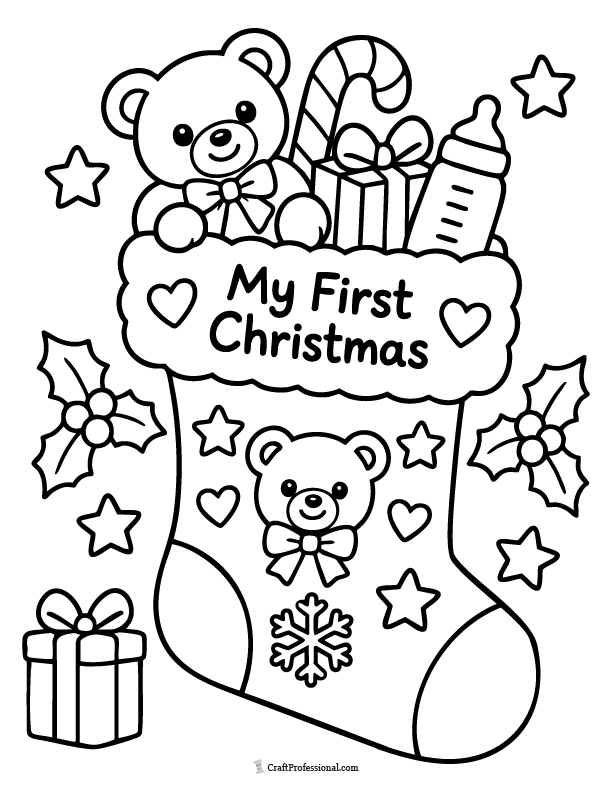 Easy Christmas stocking coloring page for toddlers with thick lines, a large star, and a candy cane.