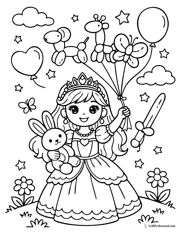 Princess coloring page with balloon animals