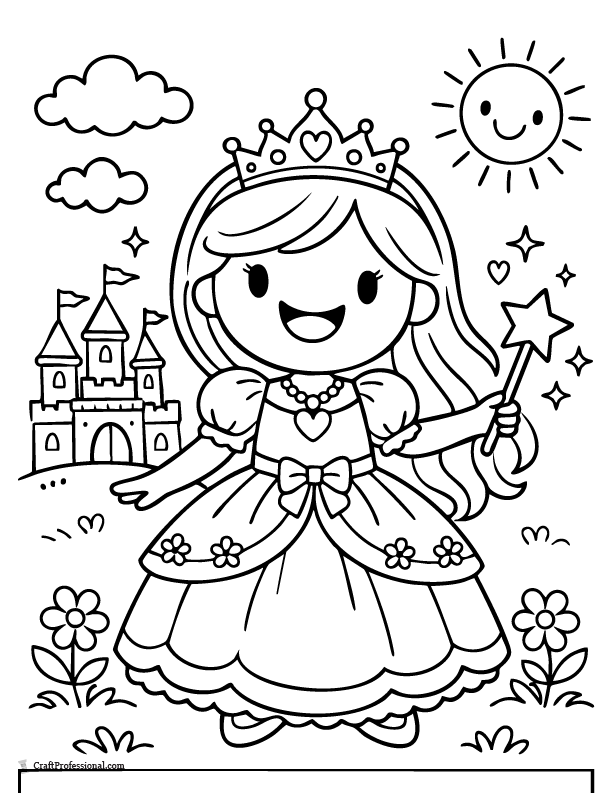 Princess coloring page with very large smile and minimal features