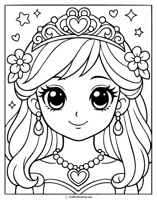 Princess face close-up coloring page with big eyes and simple shapes