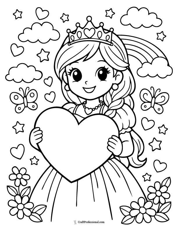 Princess coloring page holding a giant heart