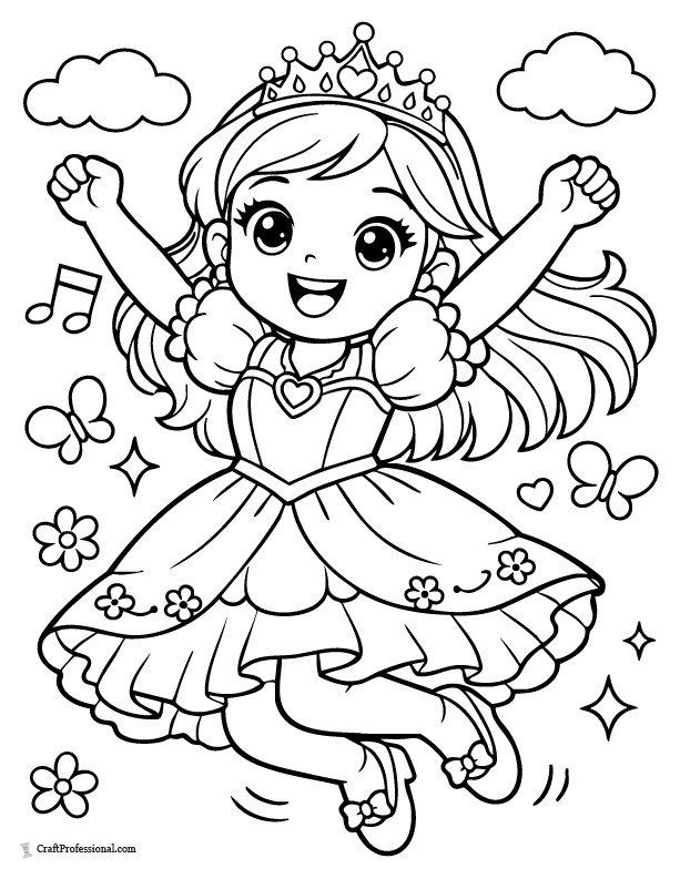 Princess coloring page jumping happily