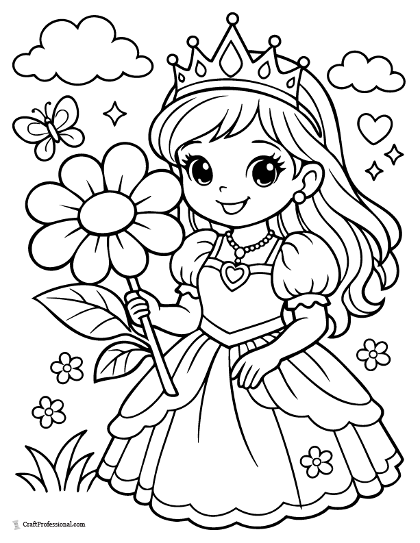 Princess coloring page with one large flower