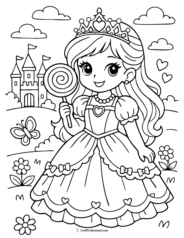 Princess coloring page holding a lollipop