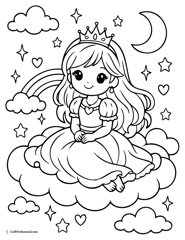 Princess coloring page sitting on a cloud