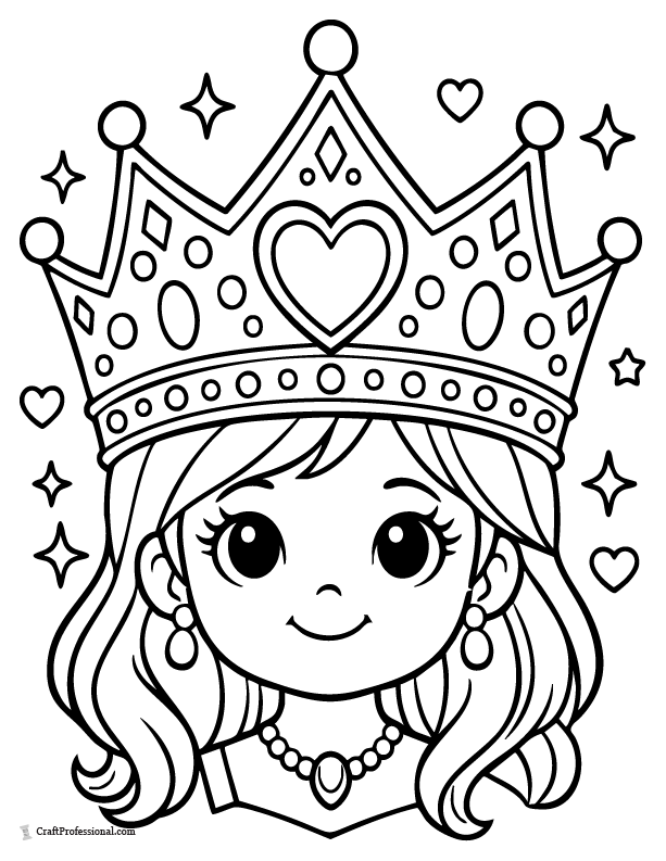 Princess head coloring page with oversized crown