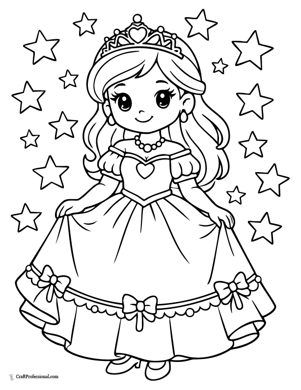 Princess coloring page with simple star shapes around her