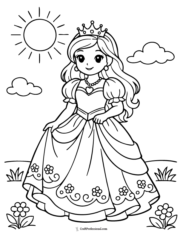 Princess coloring page with a simple sun in the background
