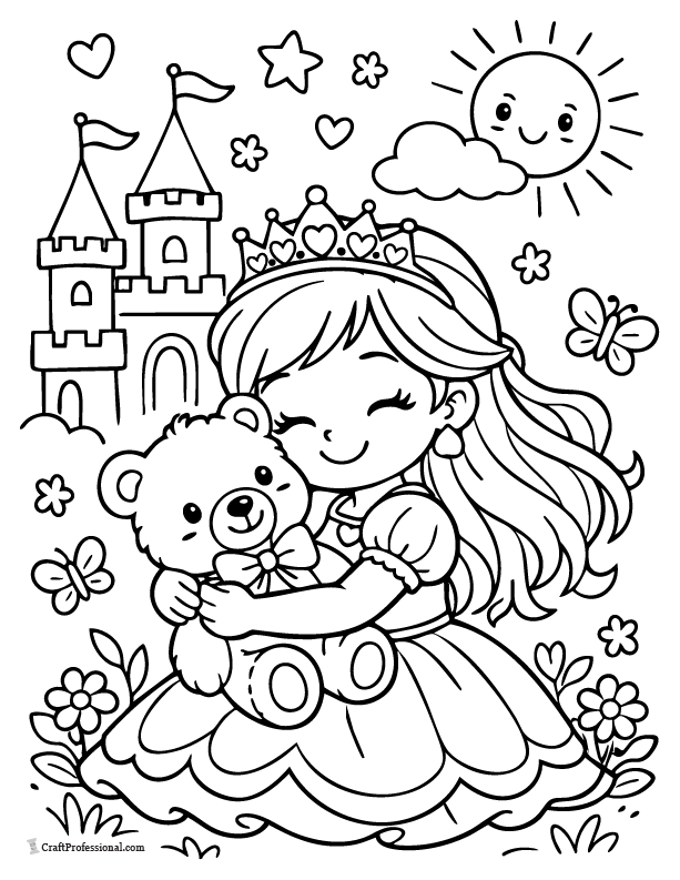 Princess coloring page hugging a teddy bear