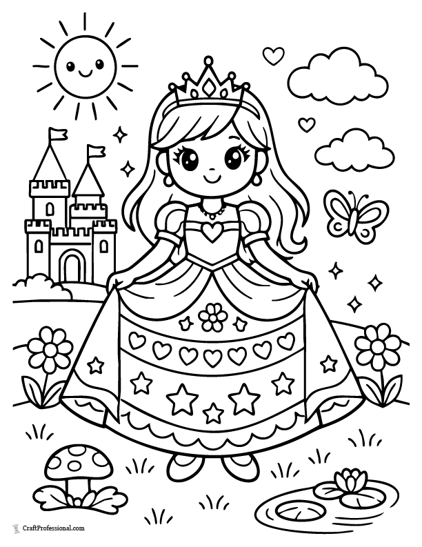 Princess coloring page with triangle-shaped dress