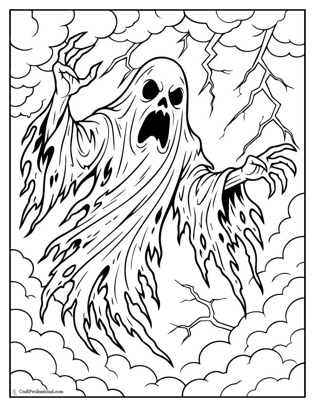 Torn ghost flying in a lightning storm, scary coloring page