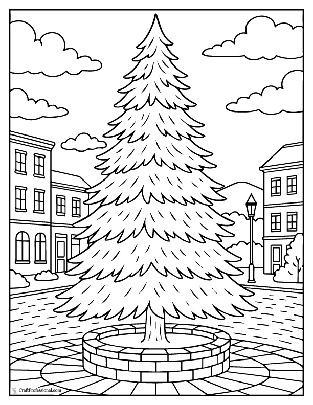 Outdoor evergreen tree at a town square, coloring page.