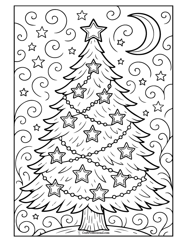 Tree with star-shaped lights coloring page.