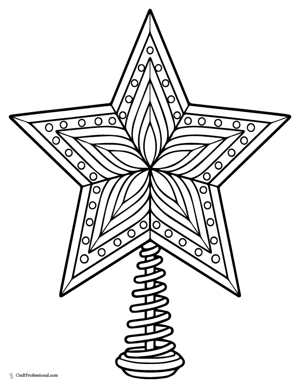 Tree-topper star with spiral-shaped base, coloring page.