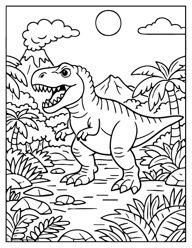 T-Rex in a prehistoric jungle coloring page
