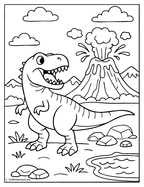 T-Rex with a volcano coloring page
