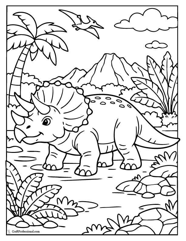 Triceratops in a prehistoric jungle coloring page