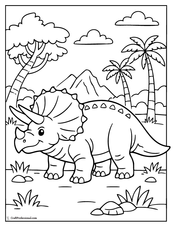 Triceratops with prehistoric trees coloring page