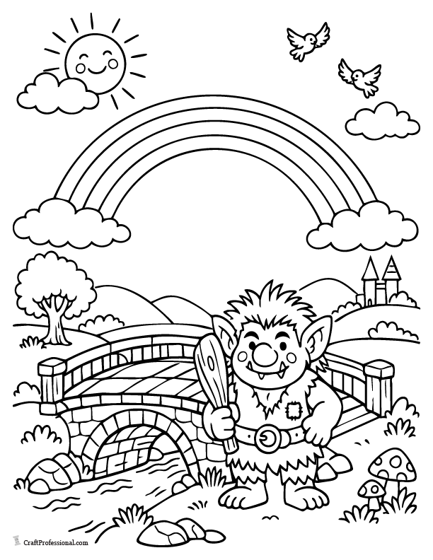 Whimsical troll standing on a bridge covered with rainbow colors in a fantasy coloring page.