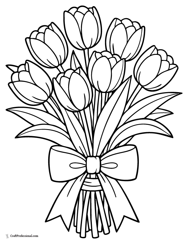 Tulip bouquet coloring page tied with ribbon.