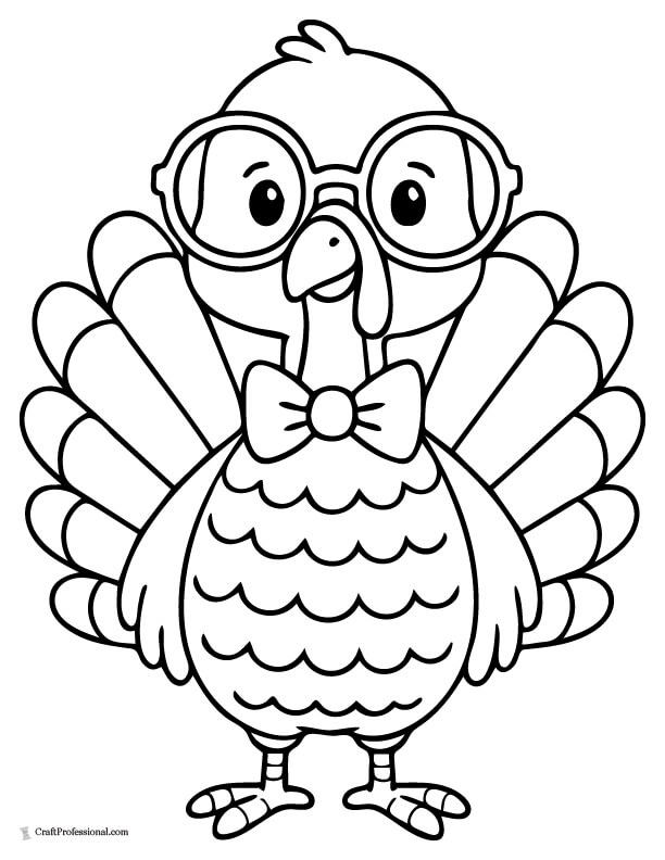 Cartoon turkey wearing glasses and a bow tie coloring page