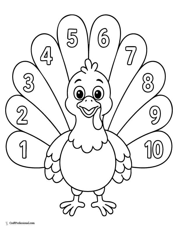 Turkey counting coloring page with 10 numbered feathers for kids.
