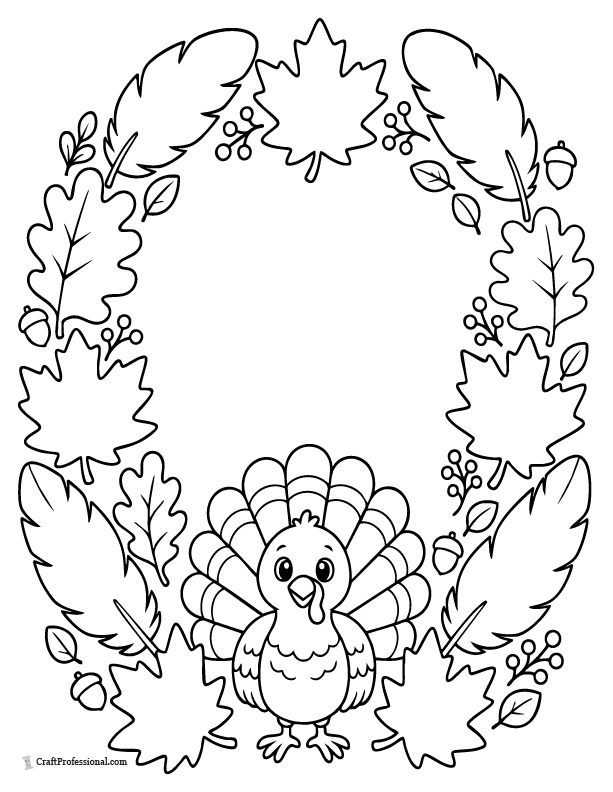 Turkey feather gratitude wreath coloring page with fall leaves and spaces for thankful words.