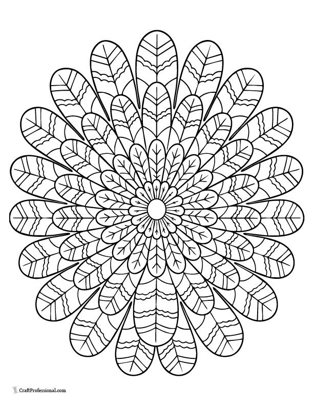 Turkey feather mandala coloring page with circular feather patterns.