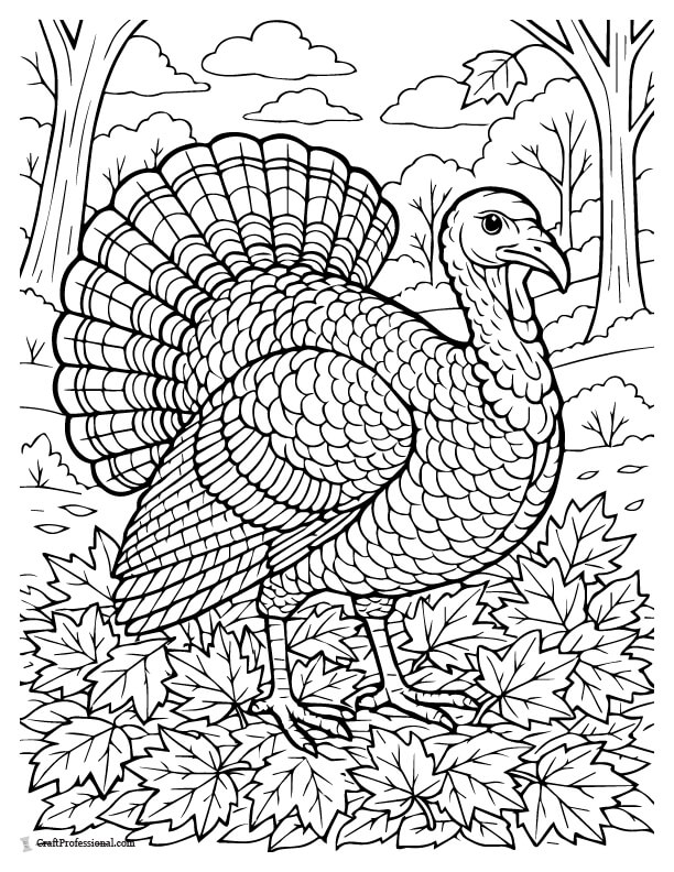 Turkey standing on autumn leaves in a field, detailed coloring page