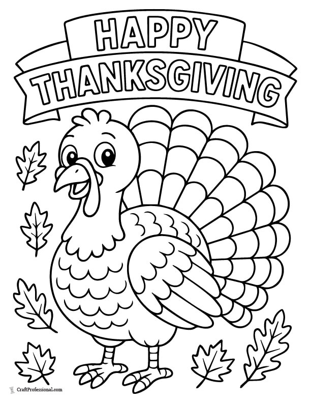 Cheerful turkey with a “Happy Thanksgiving” sign coloring page