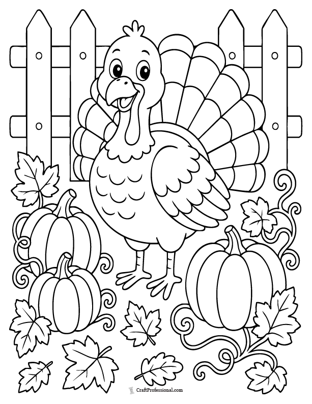 Turkey in a pumpkin patch coloring page with pumpkins and fall scenery.