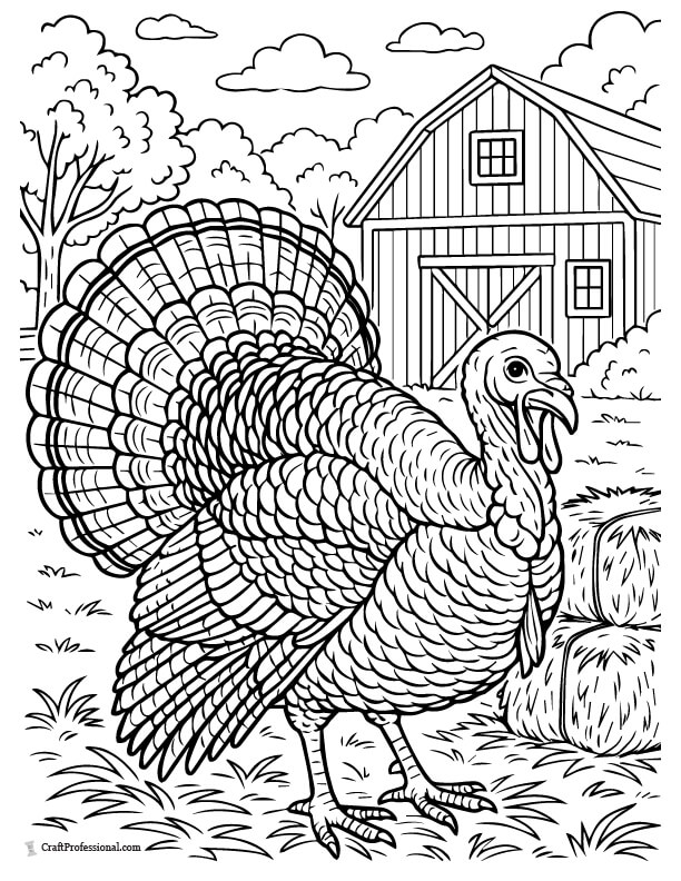 Turkey standing in front of a barn on a farn, detailed coloring sheet