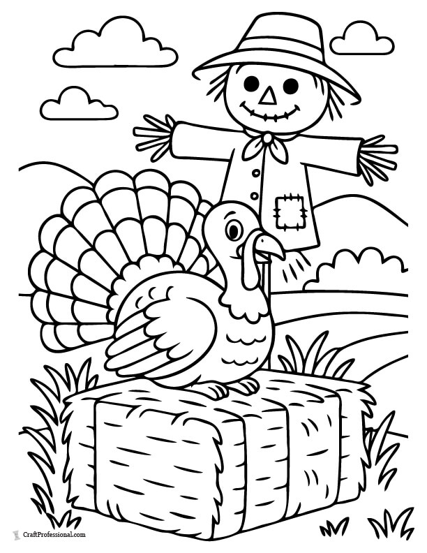 Turkey standing on a hay bale with a scarecrow in the background coloring page