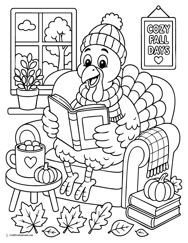 Cozy turkey reading a book coloring page with fall leaves and cocoa.