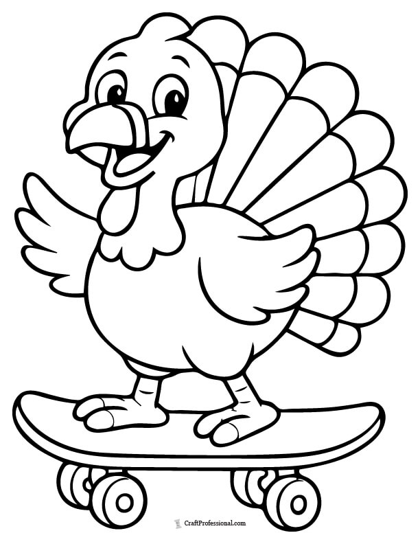 Cute cartoon turkey riding a skateboard coloring page