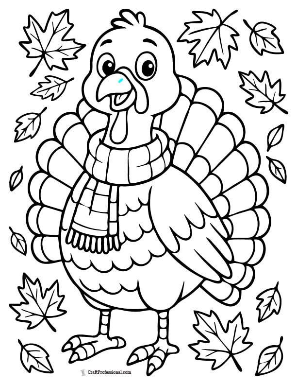 Turkey wearing a scarf, surrounded by autumn leaves coloring page